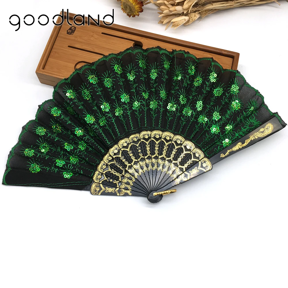 Free Shipping 50pcs Multi Colors Sequins Peacock Lace Elegant Hand Fans Dancing Props Dance Fan Party favors Party supplies