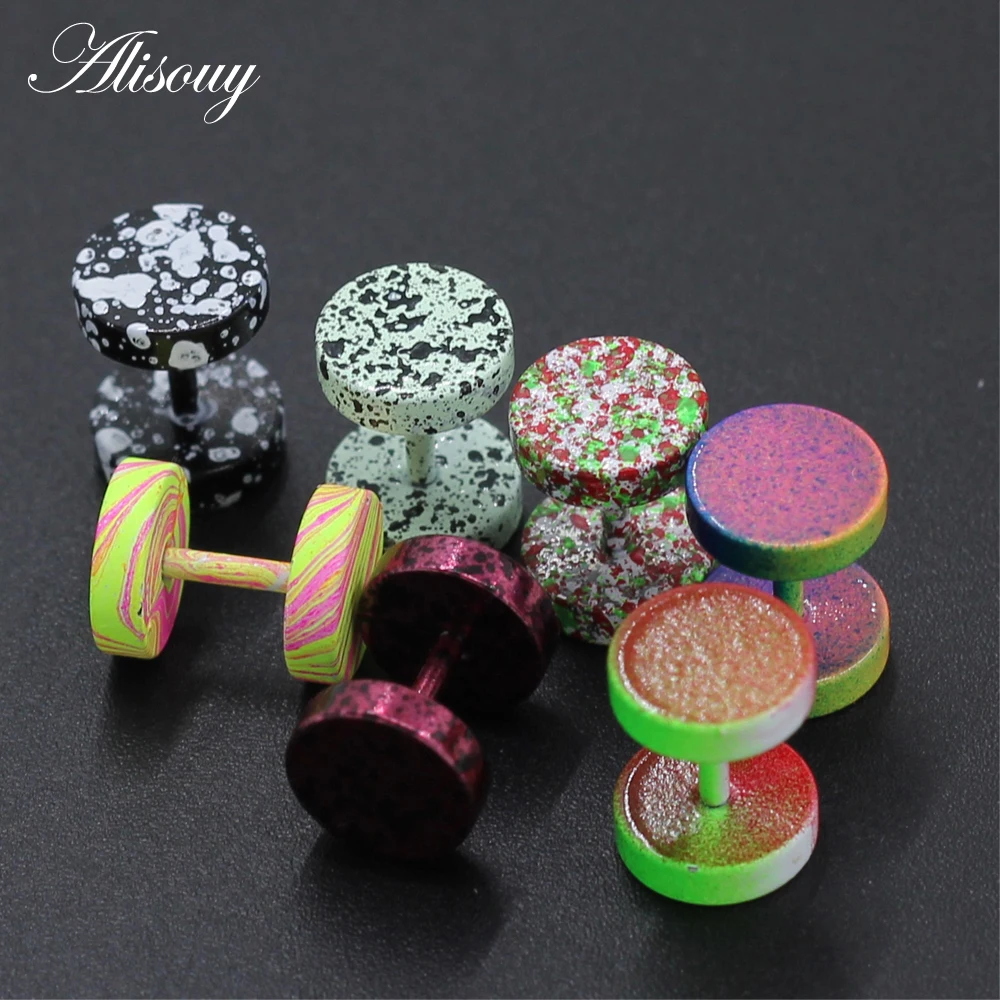 Alisouy 1 pair fashion men cool fake ear plugs Round stud earrings 8mm stainless steel Nightclub candy color Paint Punk jewelry