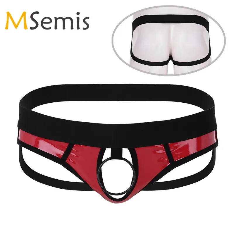 MSemis-suspensorio de piel sintética para hombre, lencería Sexy, Tanga de piel sintética con orificio para el pene, Gay