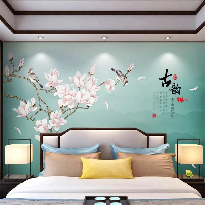 Custom wallpaper 3d mural hand-painted magnolia new Chinese style pen flower bird landscape wall decoration painting wallpaper