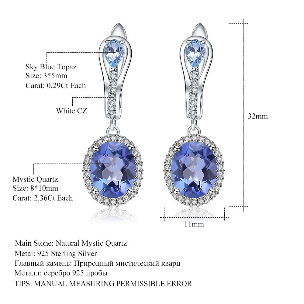 Gem's Ballet Fashion Natural Sky Blue Topaz Iolite Blue Mystic Quartz Drop Earrings 925 Sterling Silver Earrings For Women Fine