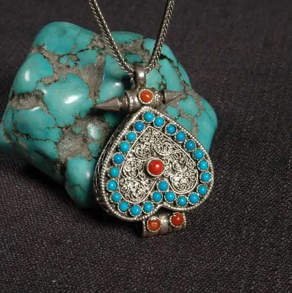 Handmade 925 Silver Turquoise Tibetan Gau Pendant Necklace Nepalese Sterling Gau Box Pendant Buddhist Prayer Box Pendant