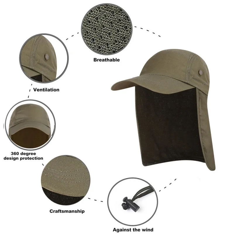 Casquette de pêche ajustable avec oreillette, couvre-rabat, pare-soleil pliant en maille, chapeau de sport étanche, 1 pièce