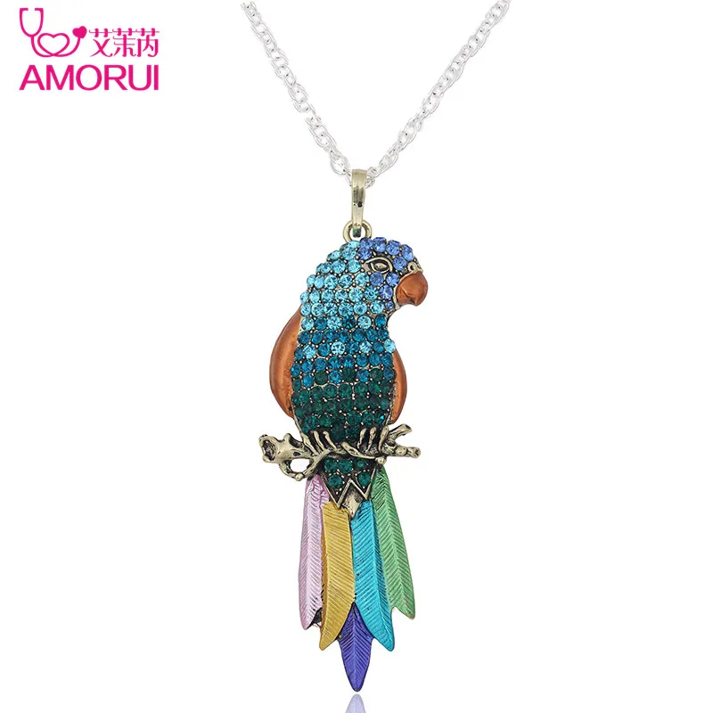 

AMORUI Fashion Parrot Pendant Long Necklace Jewelry Colourful CZ Stone Necklaces Pendants for Women Bijoux Mujer Gift