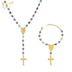 U7 Evil Eye Rosary Necklace Bracelet Set for Woman Cross Charm Classic Stainless Steel Beaded Jewelry Set QC24