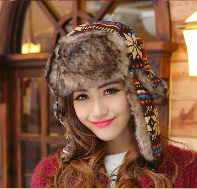 Woman Russian Women Winter Hats Keep Warm Knitting Hat Fur Earmuff Thick Snow Cap Outdoor Ski Cap Women Bomber Hats