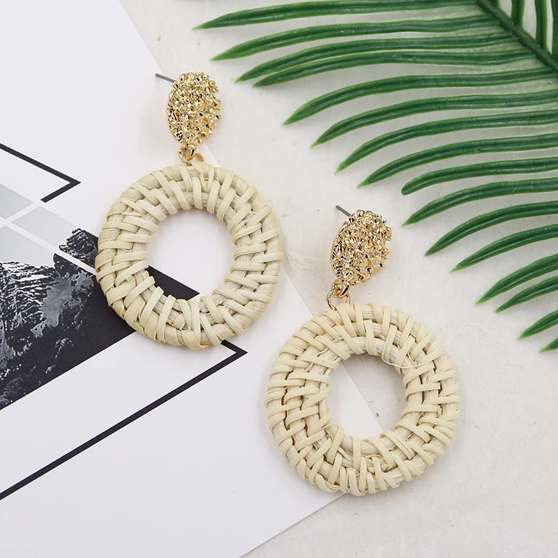 Wicker Drop Earrings for Women Natural Straw Rattan Earring Gold Color Woven Wooden Earrings beach jewelry Aretes De Mujer 2019