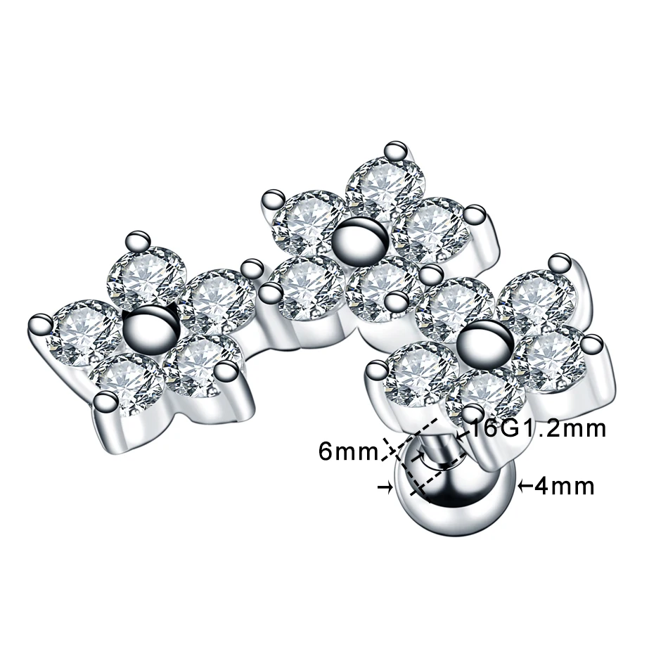 1PC Steel CZ Gem Orelha Cartilage Upper Ear Stud Earring Helix Bar Piercing Crystal Flower Conch Lobe Ear Piercing Women Jewelry