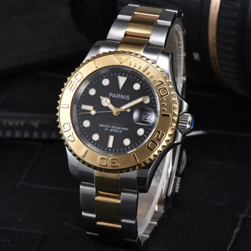 41mm Parnis Black dial Golden plated Sapphire glass Deployment Clasp Newest Hot 21 jewels miyota Automatic movement Men's Watch