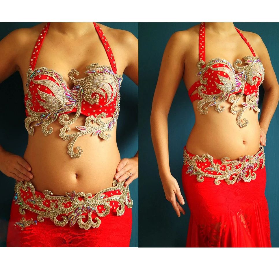 Stage Dancewear Top Grade Egyptian Belly Dancing Clothes Oriental Dance Costume Set Beaded Bra and Belt with Rhinestone