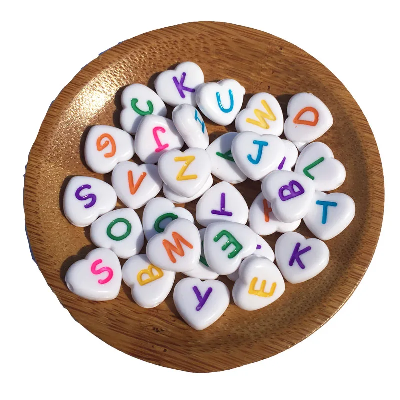 Free Shipping 4*11MM Love Heart Shape Alphabet Letters Beads DIy Jewelry Findings Plastic White with Colorful Initial A-Z Bead