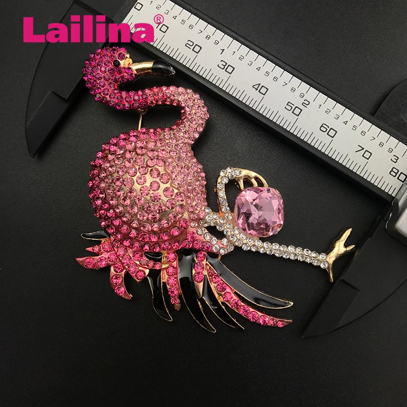 80mm Gold-Tone Flamingo Brooch Rose Rhinestone Bird Flamingo Pin