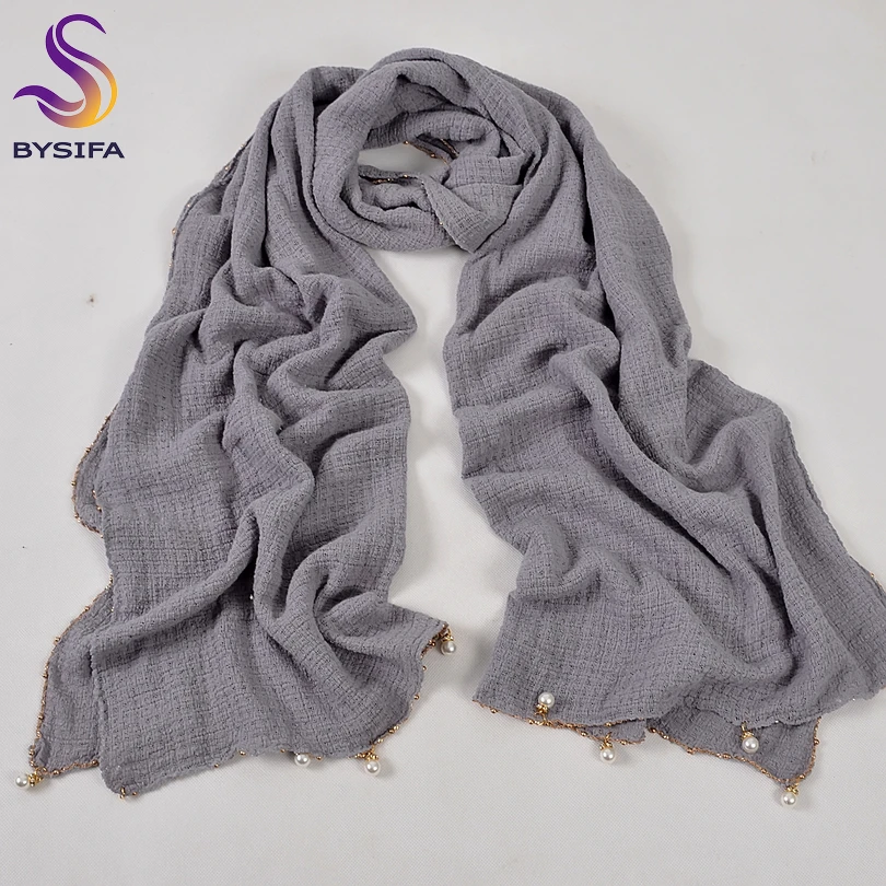 [BYSIFA] New Fall Winter Long Scarves Wraps Women Fashion Brand Pearl Pendant 100% Cotton Scarf Shawl Green,Grey,Red,Navy Blue