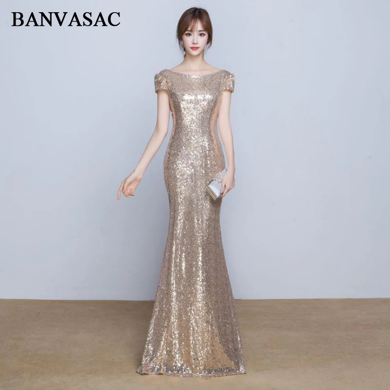 

BANVASAC Elegant O Neck Sequined Mermaid Long Evening Dresses Party 2018 Short Cap Sleeve Backless Prom Gowns