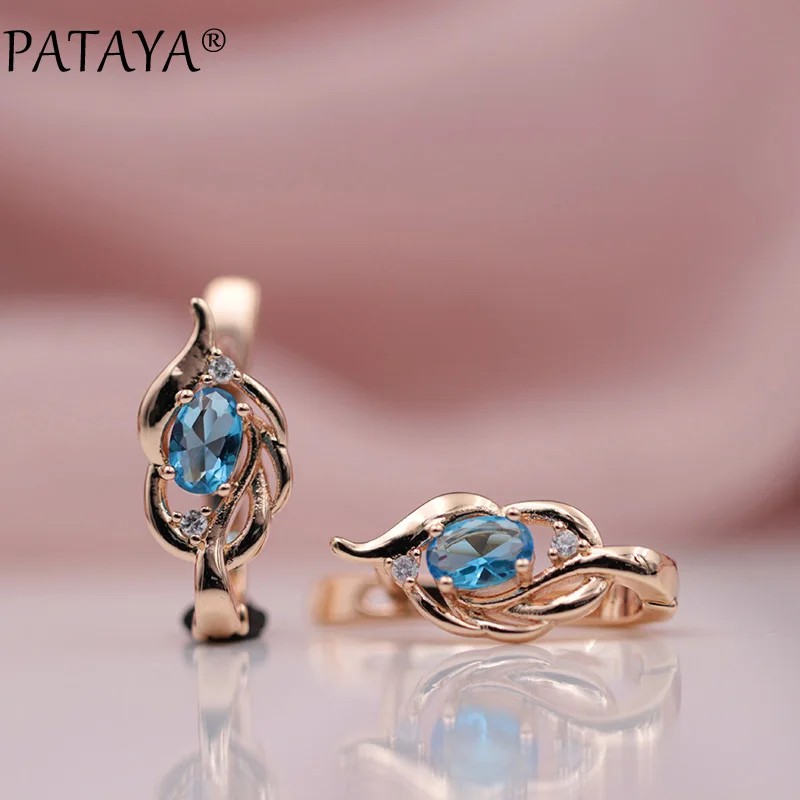 PATAYA 328 Anniversary New Women Wedding Jewelry 585 Rose Gold Color Oval Dark Blue Natural Zircon Dangle Earrings Accessories