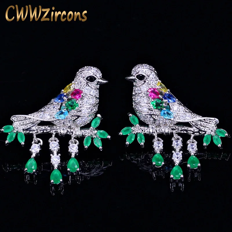 

CWWZircons Unique Lucky Animal Jewelry Elegant Colorful Green Cubic Zirconia Dangle Drop Bird Earrings for Women Gift CZ101