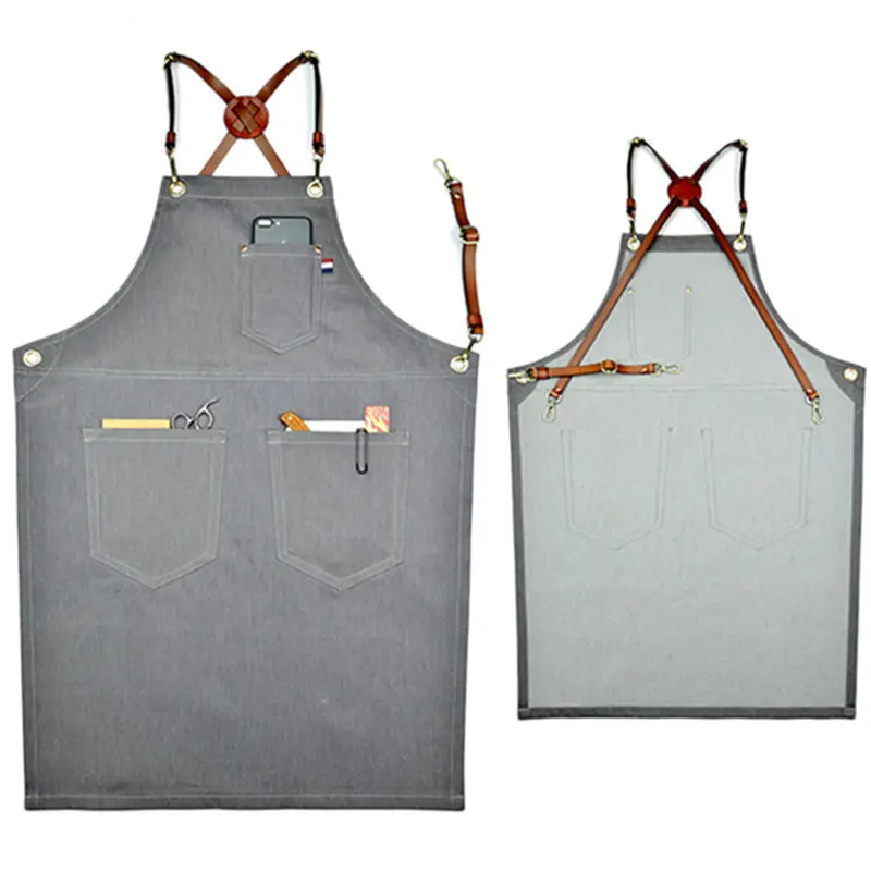 Gray Denim Apron Leather Straps Barista Bartender Pastry Chef Uniform Barber Hairdresser Florist Artist Painter Workwear K75