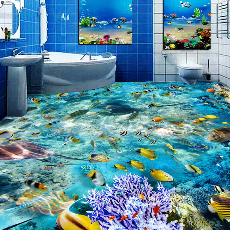 

Custom Flooring Mural Wallpaper Undersea World Fish Coral Toilets Bathroom Bedroom 3D Floor Murals PVC Waterproof Self-adhesive