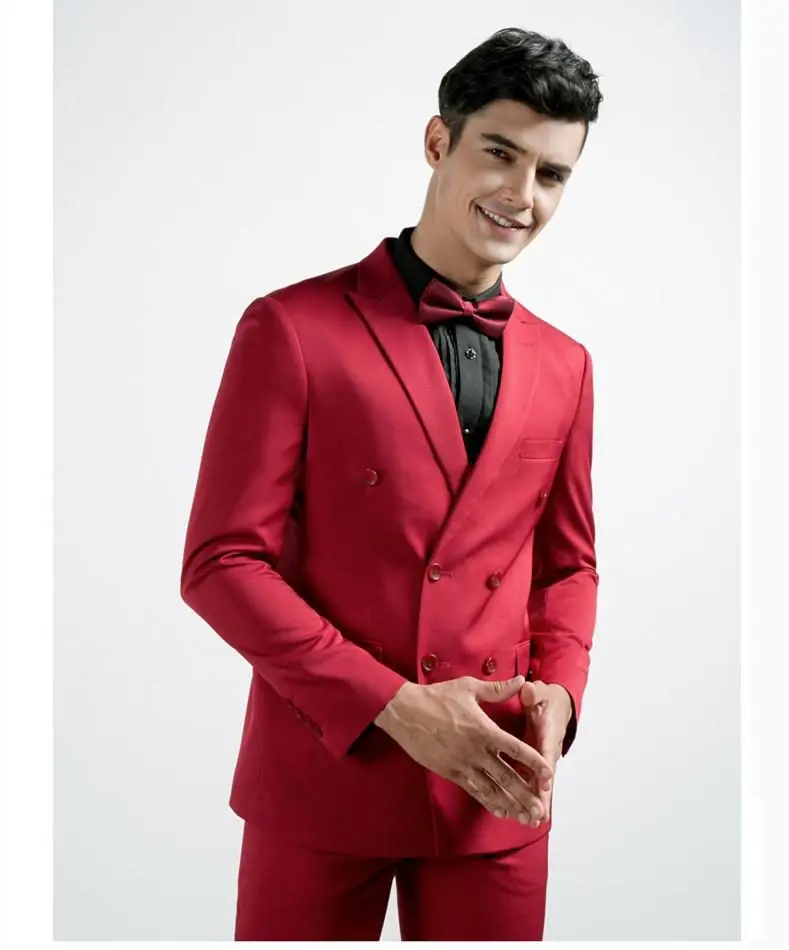 

New Fashion Double Breasted Red Groom Tuxedos Groomsmen Peak Lapel Mens Suits Blazers (Jacket+Pants+Tie) W:798