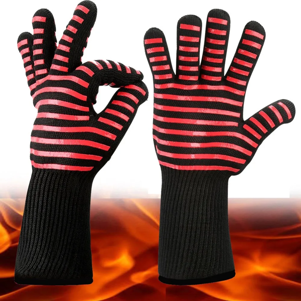 1 par luvas de fogo de alta temperatura resistente luvas microondas forno churrasco ao ar livre 932f churrasco à prova de chama quente luvas de trabalho masculino