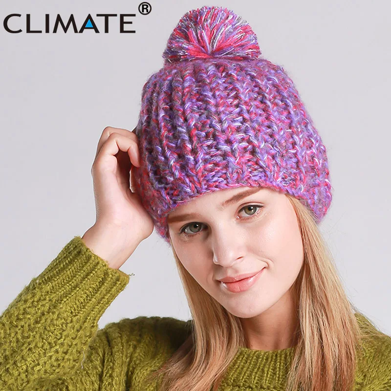 

CLIMATE Women Girl Winter Hat Warm Beanie Purple Color Pompon Knitted Hat Beanie Women Cute Pompon Warm Beanie For Women Girls