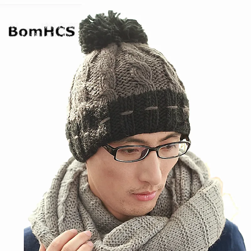 BomHCS Men Winter Warm Wool Handmade Knitted Beanie Hat Cap