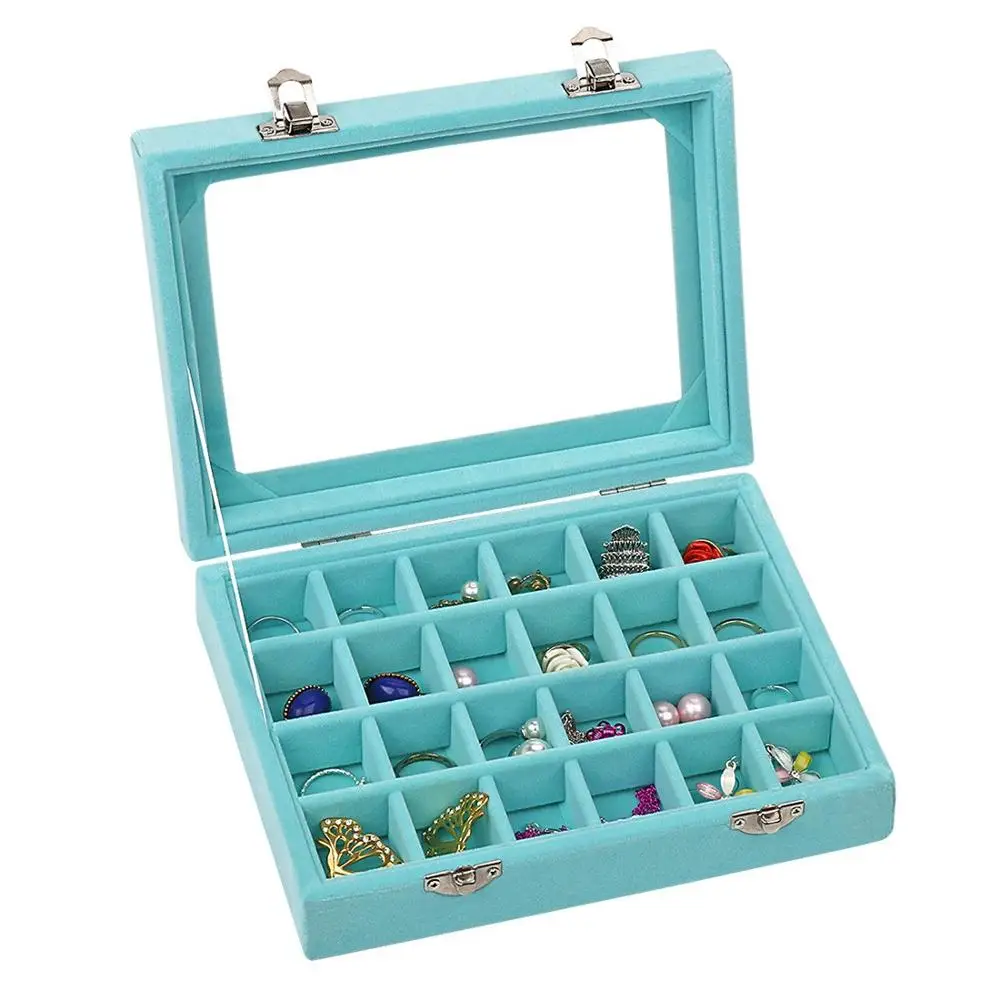 Light Blue 24Grids Velvet Glass Jewelry Ring Display Organiser Box Tray Holder Earrings Storage Case Bracelet Showcase With Lock