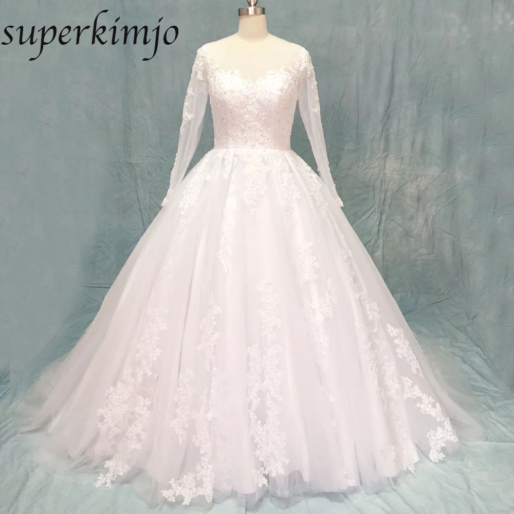 SuperKimJo ball gown wedding dresses long sleeve lace appliques puffy chapel train bridal dresses real picture(including veils)