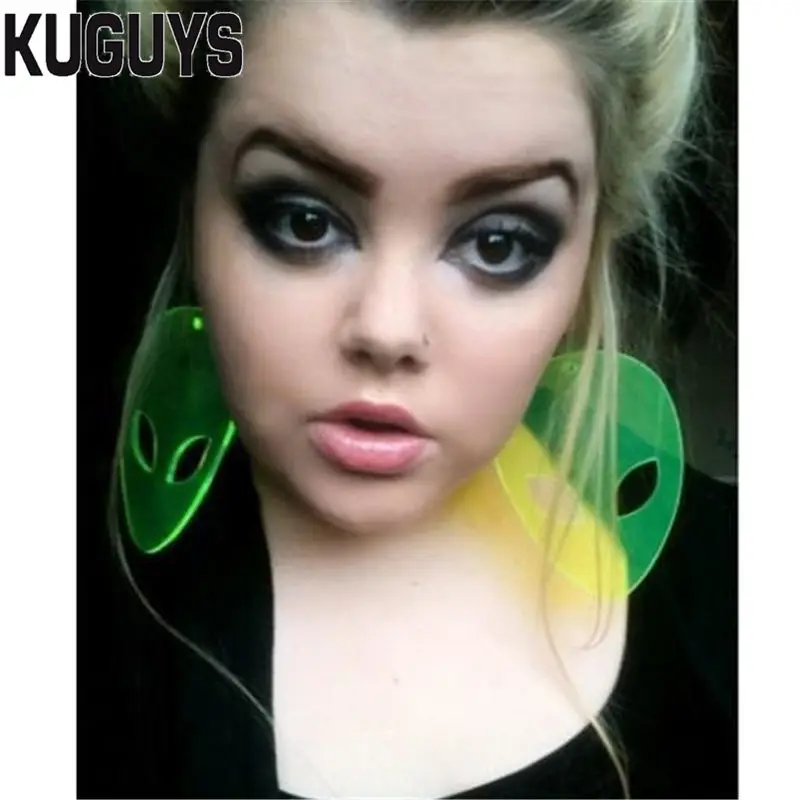 KUGUYS Neon Pink Green Aliens Super Large Earrings for Women Jewelry Acrylic HipHop ET Big Party Club Accessories