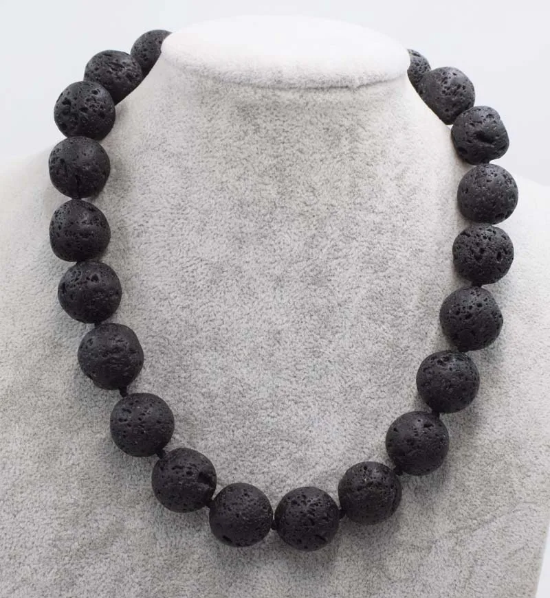 

black lava round necklace 18mm 17inch wholesale beads nature FPPJ woman 2017