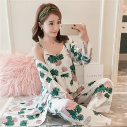 Brand Nieuwe Vrouwen 3 Stuks Pyjama Sets Melkachtige Zijde Spaghetti Strap Tops En Lange Broek En Lange Nachthemden Nachtkleding pyjama Set