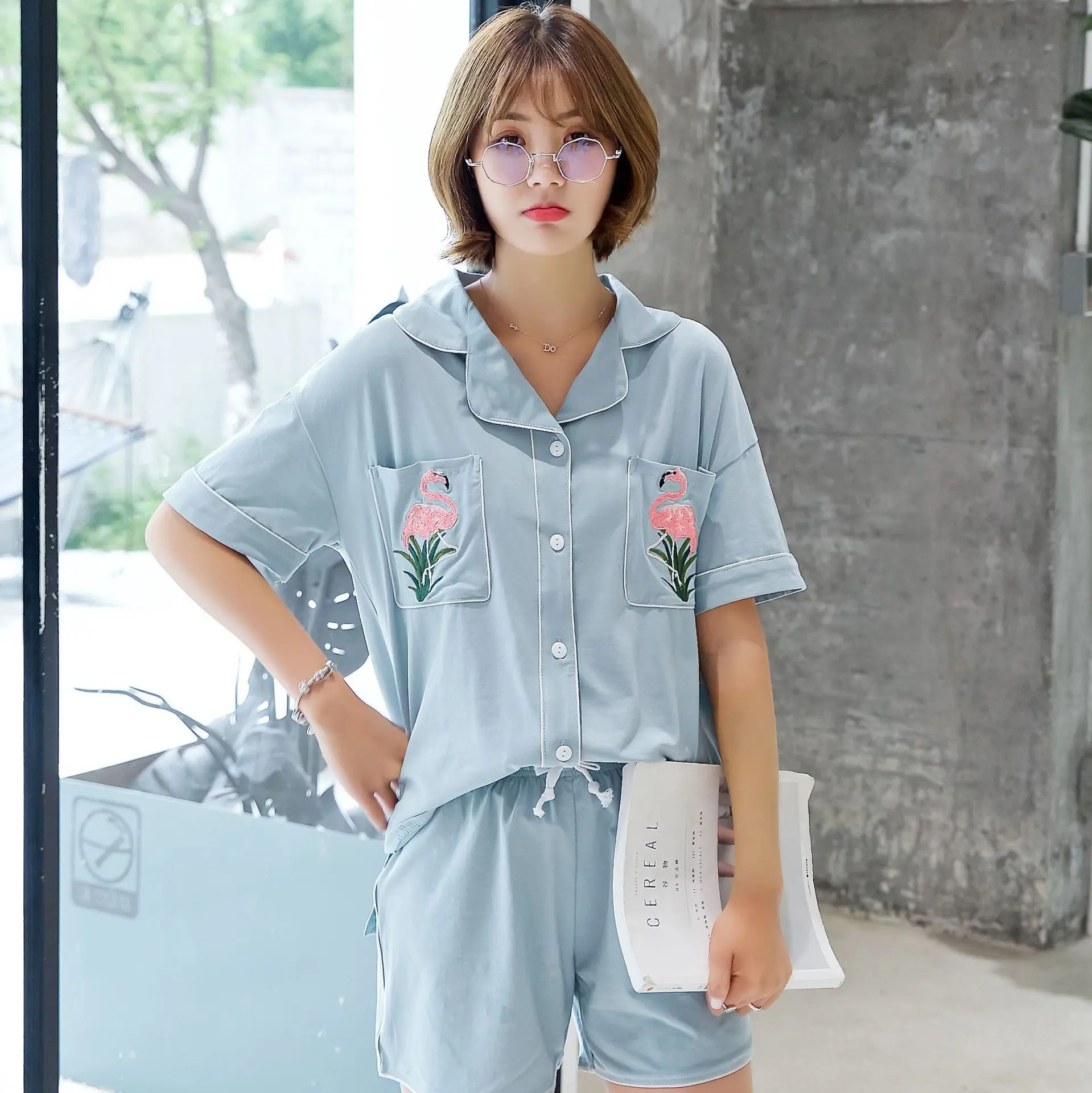 

yomrzl A660 New arrival summer cotton women's pajama set 2 piece flamingos sleep set sweet home style sleepwear