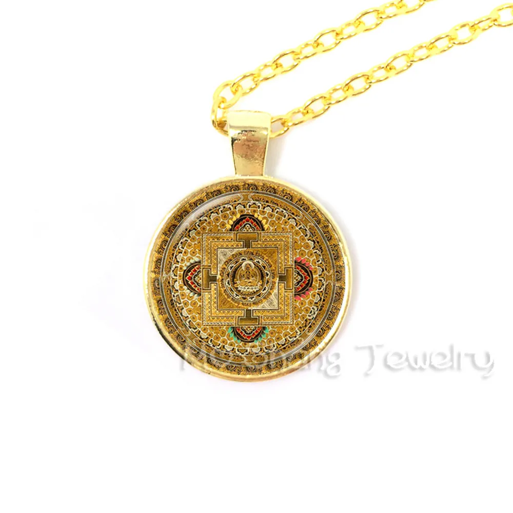 Antique Bronze Plated Necklace Tibetan Buddhist Mandala Glass Dome Pendant Spiritual Sri Yantra Choker India Hinduism Yoga