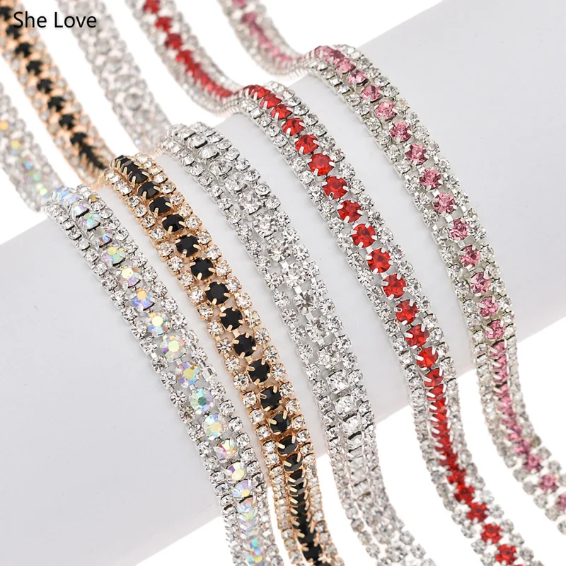 Chzimade 1Yard 3Rows Crystal AB Rhinestone Cup Chain For Wedding Dress Decoration Trim Applique Sew On Garment Bags