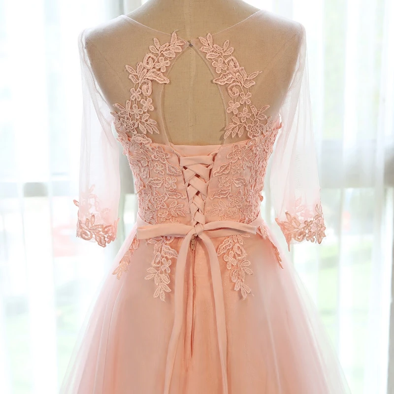 SSYFashion-Robe de Soirée en Dentelle Transparente, Rose Doux, Col Rond, Demi-Manches, Broderie, Ligne A, Longue, Tenue de Bal