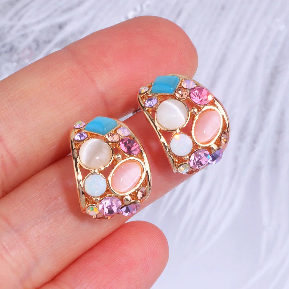 Classic Korean Geometric Hollow Out Opal Stud Earrings Brincos Colorful Crystal Stud Earrings For Women Fashion Wedding Jewelry