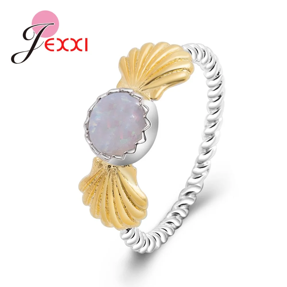 

Lovely Shell Decoration 925 Sterling Silver Needle Geometric Lace Ring With Round Opal Women Girls Party Engagement Jewelry