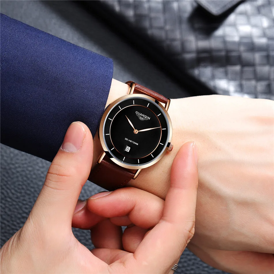 relogio masculino Genuine GUANQIN Fashion Mens Watches Top Brand Luxury Ultra Thin Quartz Watch Men Casual Leather Wristwatch