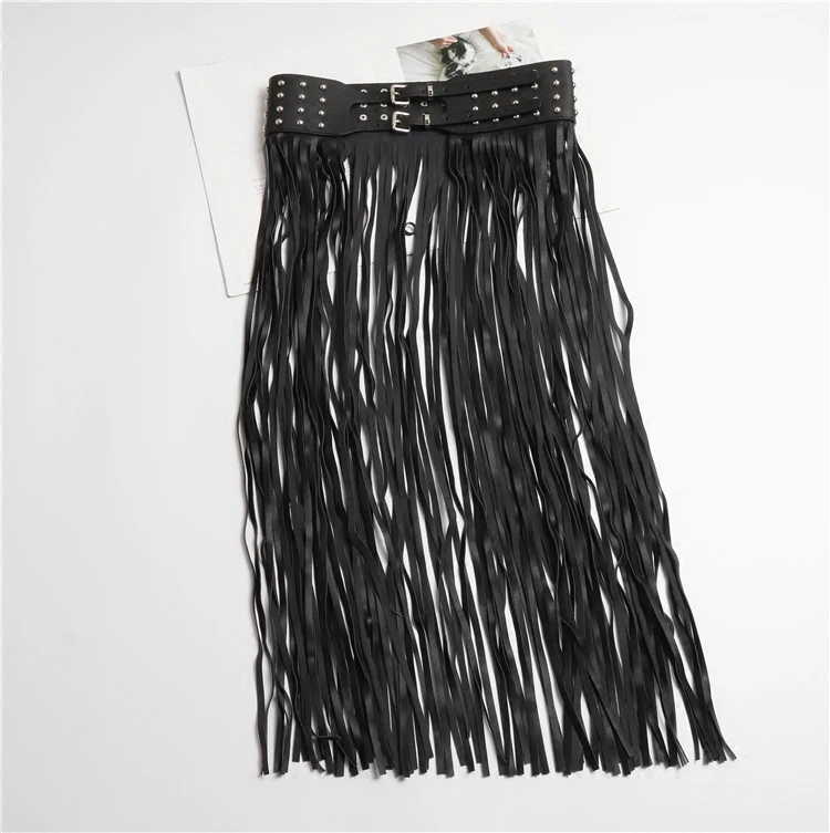 Long PU Fringe Waist Belt Women European Wide Punk Rivet Waist Band Strechy Girdle Leather Ladies Dress Belt Accessories