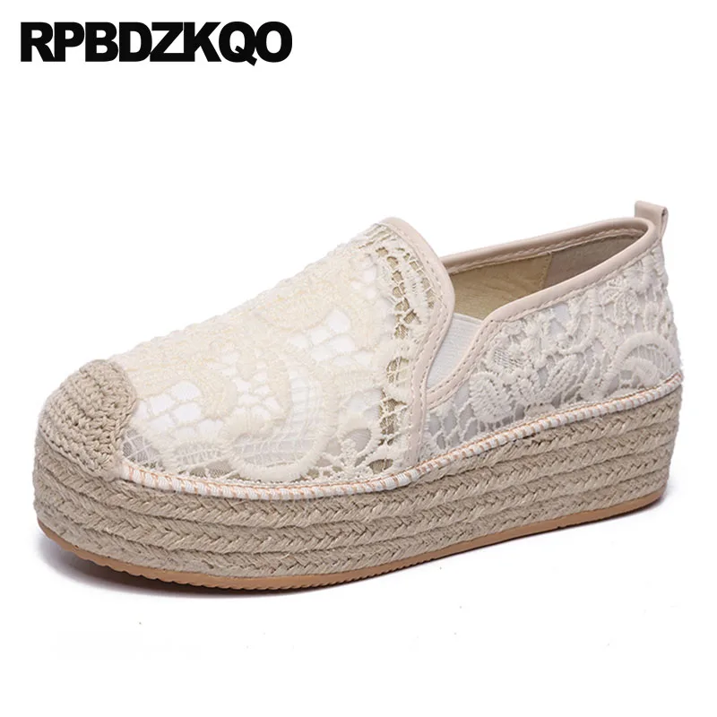 Large Size Creepers Platform Shoes Rope Mesh Women Casual White Lace Elevator Navy Blue Espadrilles Muffin Flats Thick Sole Hemp