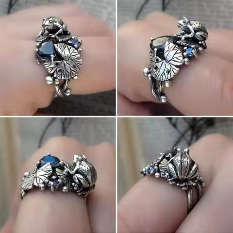 Vintage Silver Color Lotus Leaf Frog Ring for Women Creative Unique Finger Ring Inlaid Blue Zircon Jewelry bague femme Size 6-10