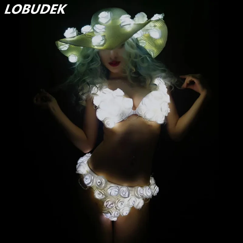 White Light-emitting LED Bikini Rose Flower Big Hat Dance Outfit Nightclub Bar Singer DJ Dance Team Party Performance Costume