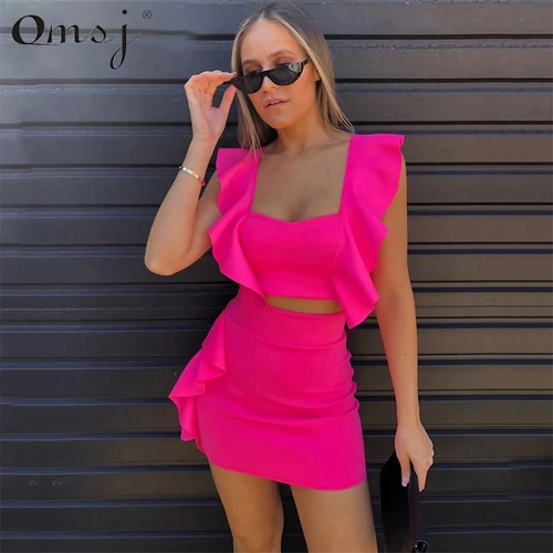 Imagen 2 del producto OMSJ 2025 vestido con volantes rosa neón, verde y naranja, conjunto informal de verano, Top corto de dos piezas, minivestido, conjunto de vestido de noche a la moda para discoteca