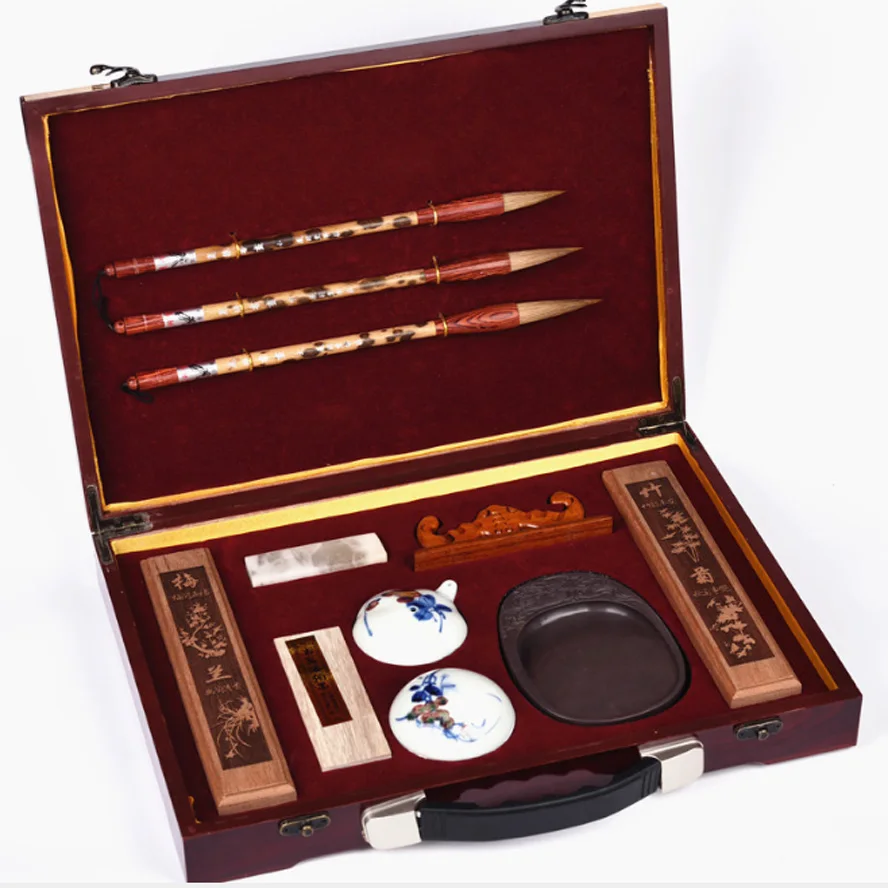 

12 pcs Chinese art set for painting calligraphy inkpad writing brush penholder seal scholar's four jewels best gift for artist