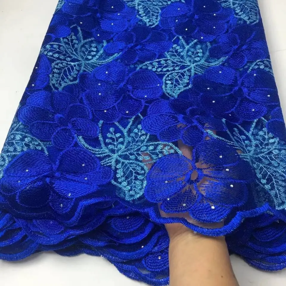 

5 Yards/pc Hot sale royal blue french net lace fabric match rhinestone african mesh lace embroidery for dress CF18-1