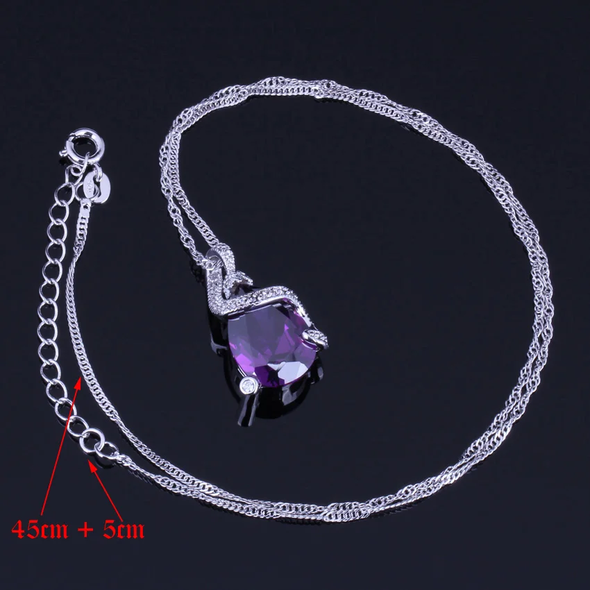 Enchanting Purple Cubic Zirconia Silver Plated Jewelry Sets Earrings Pendant Chain Ring V0239