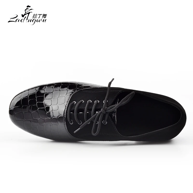 Ladingwu Modern Crocodile texture PU and Flannel Dance Shoes Men Black Soft Bottom Ballroom Dance Competition Shoes 2.5/4.5cm