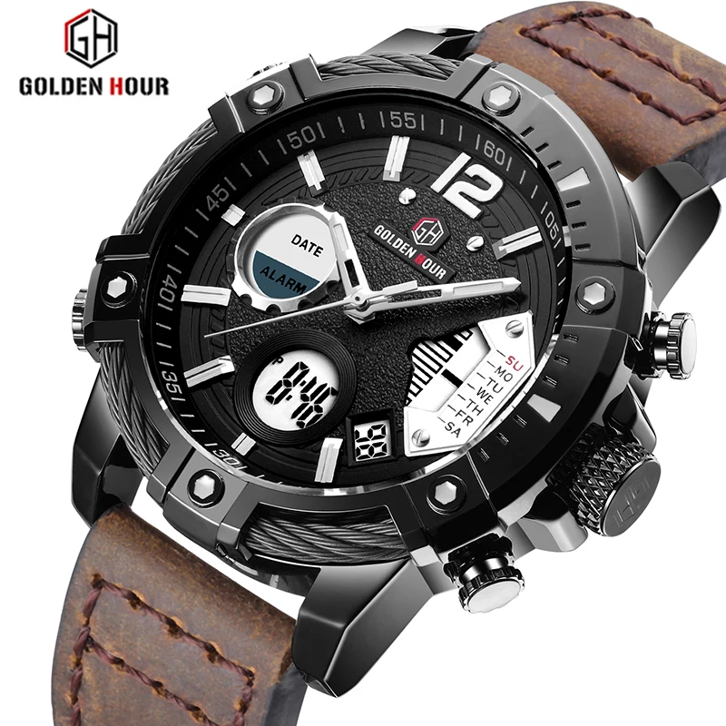 GOLDENHOUR Men Watch Top Luxury Brand Men's Military Sports Watches Leather Quartz Wristwatch Waterproof LED Digital Male Clock