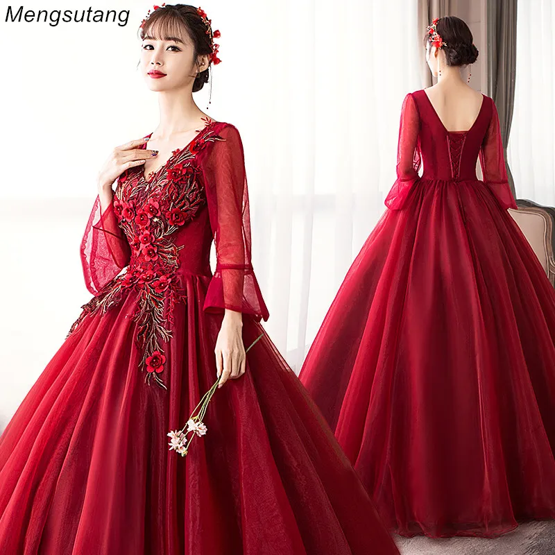 

Robe de soiree New Wine Red Lace V-Neck Beading Luxury Long ball gown Evening Dress Famous Appliques Flowers Party Formal Dress