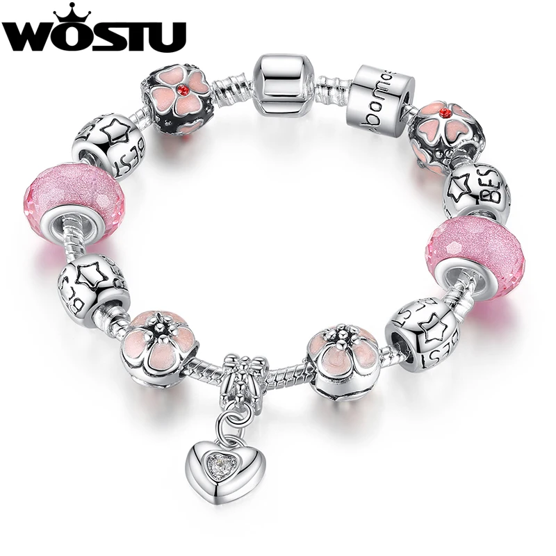 WOSTU Romantic Silver Plated Flower Heart Charm Beads Bracelet DIY Jewelry for Women Fit Original Bracelets Pulseira 1459